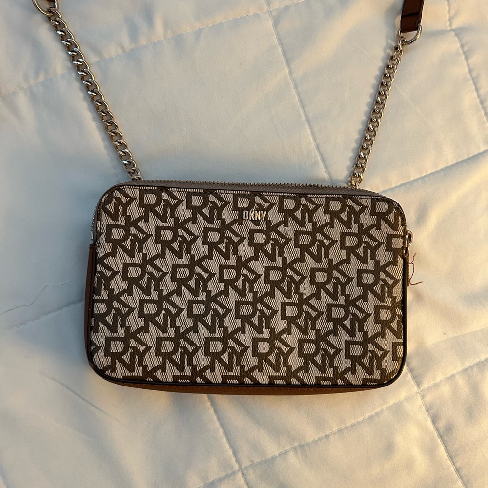 DKNY Brown and Cream Crossbody Bag with Elegant Chain Strap